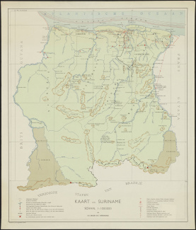 Kaart van Suriname, met in het zuidwesten en zuidoosten weergave van betwist gebied, door H.N. Dahlberg, ca. 1950 [4.MIKO inv.nr. 6050]